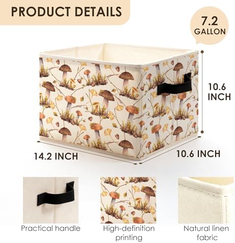 Rustic Cottagecore Mushroom Storage Bins Box with Handles, Vintage Botanical Mushroom Foldable Basket Toybox for Bedroom Bathroom Laundry Room Home Clothes Toys Books