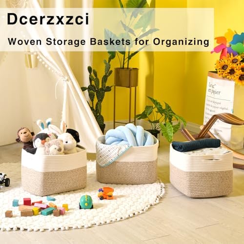 Storage Baskets for Organizing 14.8×11×9.5 Off White & Brown | Woven Storage Bins for Shelves, Toys, Books, Towels, Cotton Rope Basket for Living Room Bathroom Bedroom Nursery, 3 Packs