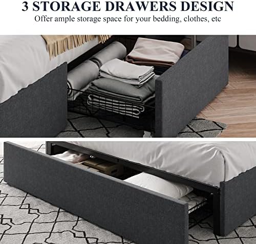 Allewie Full Size Platform Storage Bed Frame with 3 Drawers, Dark Grey
