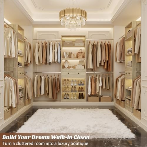 Armocity Wood Closet Organizer System - 4FT-9FT Expandable Wardrobe Closet with Drawer & 4 Hanging Rods, Heavy Duty Walk-in Closet 1000Lbs for Bedroom Walk-in Closet, White Oak
