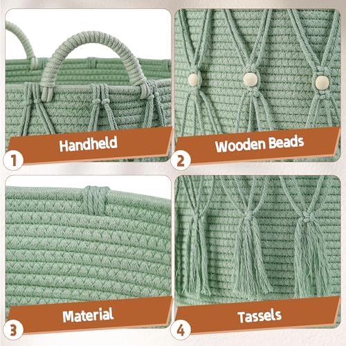 Blanket Basket for Living Room Decor Storage Basket for Toy Organizer Boho Decor Baskets for Modern Farmhouse Decor Small Laundry Basket for Bedroom and Laundry Room Organization,Green