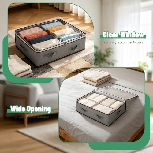 Pterying 8 Pack Under Bed Storage Containers with Transparent Clear Window | Underbed Storage Bins with Reinforced Handles, Dual-Zipper for Clothes, Comforters, Blankets and Bedding, Gray