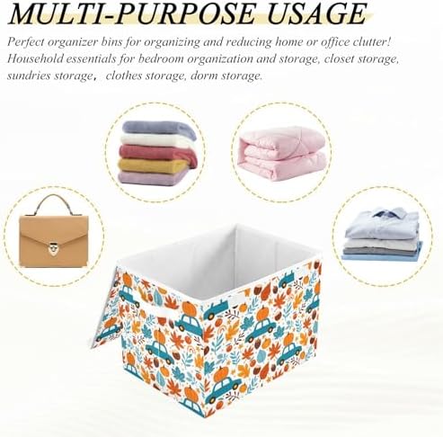 senya Thanksgiving Storage Baskets Collapsible Storage Bins with Lids, Thanksgiving Fall Maple Leaves Truck Pumpkins Storage Boxes Clothes Baskets for Organizing