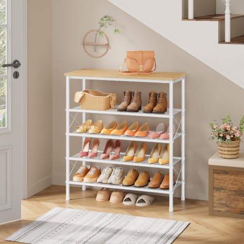 Tajsoon 5 Tier Shoe Rack Organizer for 16-20 Pairs of Shoes, White & Log