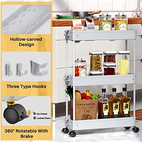 SPACEKEEPER Slim Rolling Storage Cart, 3 Tier Bathroom Cart Organizer, Gray | Narrow Rolling Cart with Wheels for Kitchen Office Bathroom Laundry Room,Mobile Utility Cart for Craft Art Makeup Nail Polish
