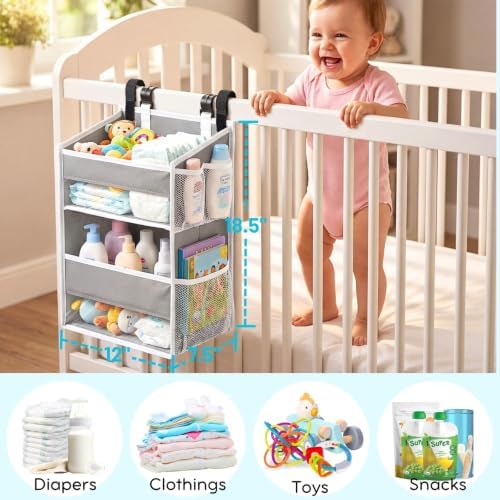Hanging Diaper Organizer, 2 Tier Hanging Diaper Caddy, Holds 90+ Diapers
