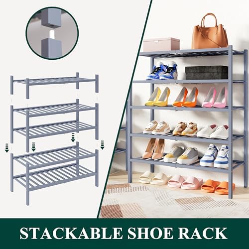 Smiry Bamboo Shoe Rack, 8 Vertical Slats, 4 Tier - 17.3" Wide, Grey