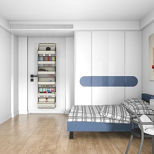 LONGD Over Door Organizer, Nursery Closet Cabinet Baby Storage, Over The Door Hat Rack, 6 Pockets and 2 Grid File Pockets Hanging Storage Boxes,55 lbs. Weight Capacity, 1-Pack