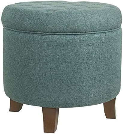HomePop by Kinfine Fabric Upholstered Round Storage Ottoman - Button Tufted Ottoman with Removable Lid, Teal Woven