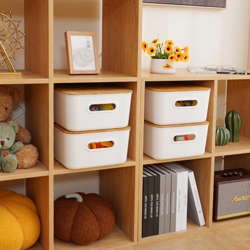 Citylife 16QT Storage Bins with Bamboo Lids, Stackable with Handles, 2-Pack | Decorative Plastic Storage Bins with Lids for Toys, Pantry Items, Crafts, Bathroom Supplies, Shelves, and Home Organization