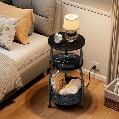 Side Table with Charging Station, Small Round End Table with Basket | Small Coffee Table with USB Type-C Port, 3-Tier Bedside Corner Table Stand for Living Room, Bedroom, Garden 11.8in Black