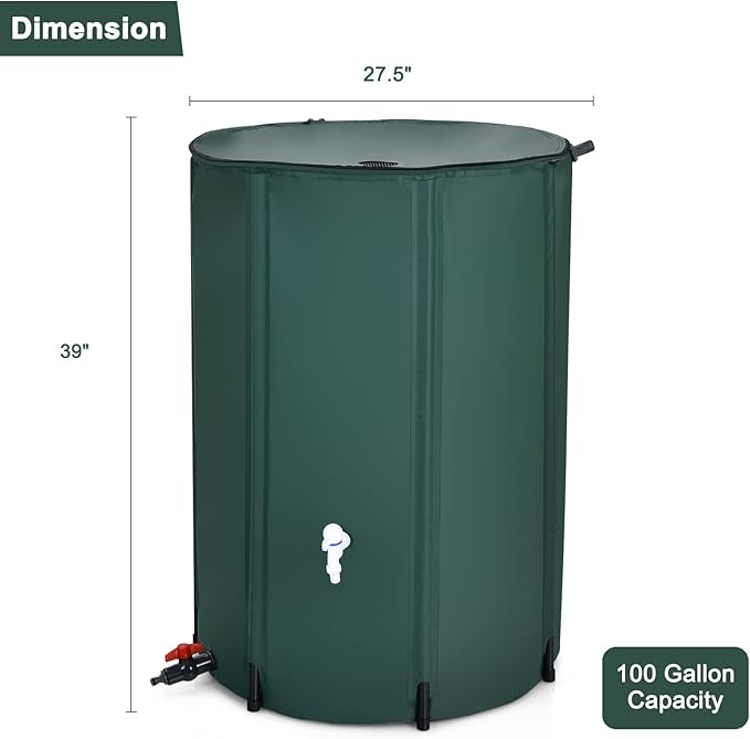 Happygrill 100 Gallon Collapsible Rain Barrel, PVC Rain Water Collection Barrel with Spigot Water Storage Container & Top Mesh, Portable Rain Barrels to Collect Rainwater from Gutter for Garden Lawn