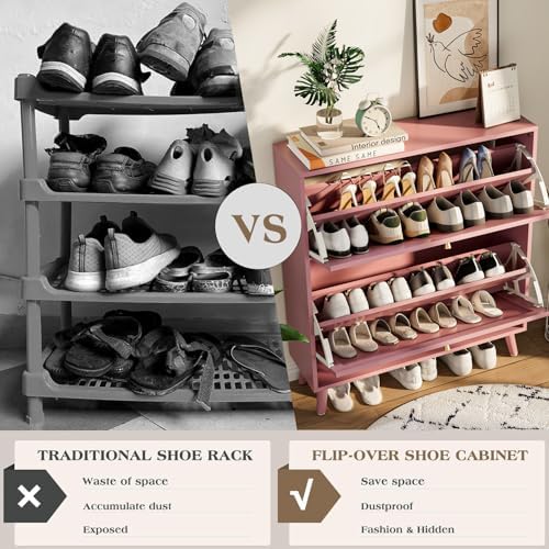 Fsbecl Shoe Storage Cabinet for Entryway with 2 Fluted Flip Drawers, Pink