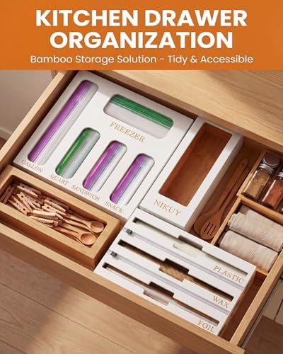 Bamboo Foil and Plastic Wrap Organizer for Kitchen Drawer, 9 in 1 Plastic Bag Organizer Organization and Storage, Food Storage Bag Organizer with Labels for Quart Gallon Snack (White)