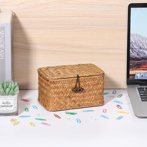 Small Decorative Box Natural Seagrass Box with Lid, 6.1"x 4"x 3.3"