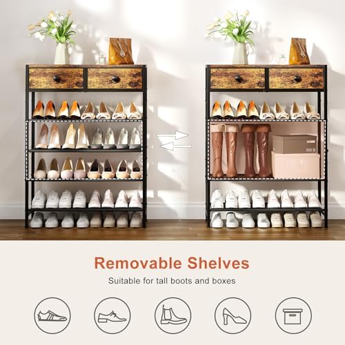 5 Tier Shoe Rack with 2 Drawers, Rustic Brown