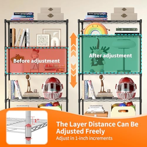 BestOffice | 5-Tier Wire Storage Shelves with Wheels | 14 x 30 x 61 | Black | with Adjustable Racks | Heavy-Duty Metal Shelf, Holds Upto 1250 lbs | No-Tool Assembly | Ideal for Home & Garage Shelving