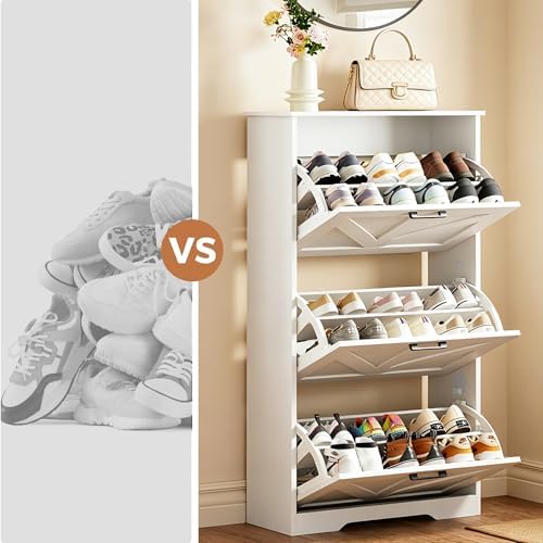 Homleke Farmhouse Shoe Cabinet for Entryway, 3 Barn-Style Flip Drawers