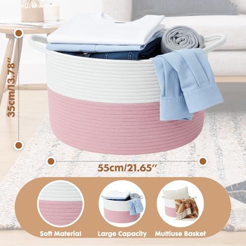 ShellKingdom Laundry Basket, Large Natural Rope Woven Storage Basket with Handles for Home, Living Room, Laundry, Storage Organizer for Blankets, Clothes, Toys, 13.78 x 21.65 INCH (2-Toned White Pink)