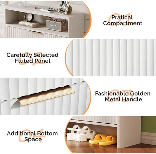 VINGLI White Slim Shoe Cabinet with Curved Edges, Modern Hidden Shoe Storage Organizer with 2 Flip Drawers & Open Shelf, Narrow White Shoe Cupboard with Fluted Panel & Anti-Tip Kit, 32.7" W