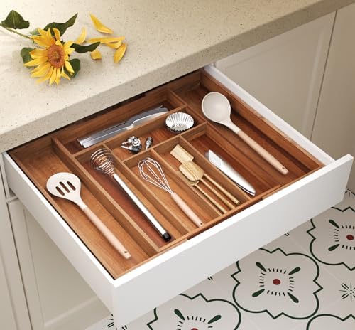 Fibogollo Expandable Kitchen Drawer Organizer,Acacia Wood Silverware Organizer,Adjustable Flatware Tray for Utensils(16.93 * 13.19~22.44 * 1.97)
