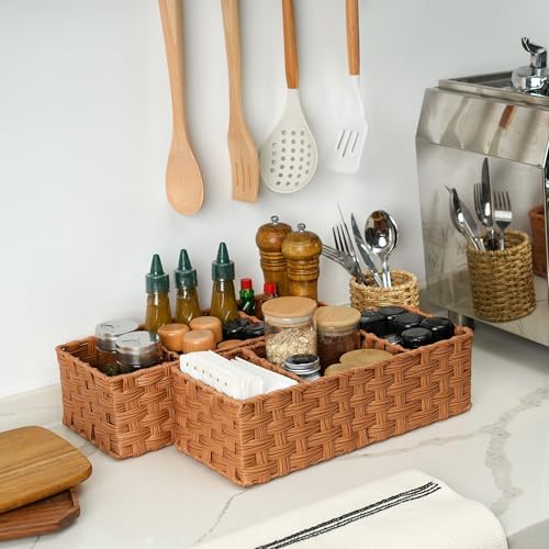 GRANNY SAYS Back of Toilet Organizer, Bathroom Storage Baskets, 2-Pack | 3 Section Small Wicker Storage Baskets for Shelves, Toilet Paper Basket for Toilet Tank Top, with Dividers, Caramel Orange