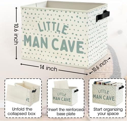 Little Man Cave Boys Storage Bins Box with Handles, Blue Dots Collapsible Basket Organizer for Kids Boys Playroom Nursery Room Bedroom Bathroom Books Clothes