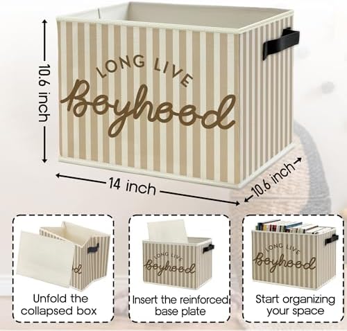 Long Live Boyhood Boys Storage Bins Box with Handles, Beige Stripe Collapsible Basket Organizer for Kids Teen Boy Nursery Room Bedroom Bathroom Playroom Books Clothes