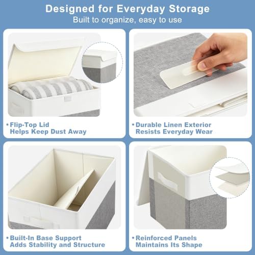 Bagnizer Large 22 Quart Linen Fabric Foldable Storage Bin Cube Organizer Basket with Flip-Top Lid & Handles, Clothes Blanket Box for Home, Office, Closet, Gray & White, 4 Pack 14.6 x 9.5 x 9.5”
