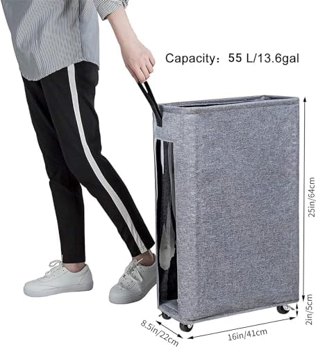 25 Inches Slim Laundry Storage Hamper - Large Rolling Clothes Hamper - Rolling Storage Bin - Tall Corner Basket - Clear Window Visible - Dirty Laundry Bin - Heather Gray
