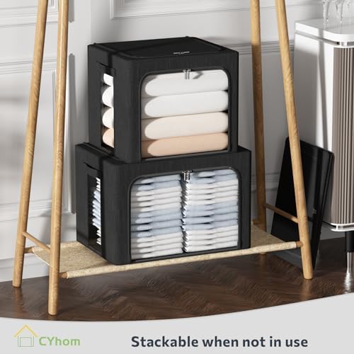 CYhom Extra Large Clothes Storage Bins Box - Linen Fabric Foldable Stackable Container Organizer Set with Clear Window & Carry Handles & Metal Frame (Black, Extra Large-100L)