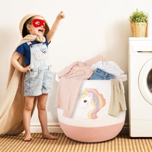Large Baby Laundry Basket, Laundry Hamper for Baby, Toy and Blanket Storage Basket, Cotton Rope Baskets for Organizing 17.7"x15.7", Unicorn