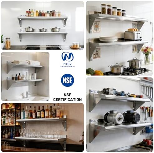 Hally Stainless Steel Shelf 2 Pack Wall Mounted Metal Shelves 12"x72" NSF | Kitchen Wall Shelf, 345lb Capacity, Heavy Duty Commercial Storage Rack, for Restaurant, Cafe, Bar , Garage, Laundry Room