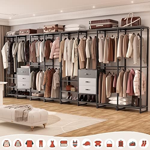 Aheaplus Wood Clothes Rack Wardrobe Organizer for Hanging Clothes, Heavy Duty Garment Rack, Large Corner L Shaped Closet System with 3 Wood Drawers, White and Grey