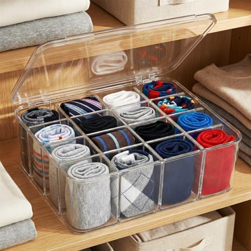 Socks Underwear Drawer Organizer, 16 Compartment Clear Plastic Storage Box with Lid & Adjustable Dividers, Tie Box, Tea Bag Organizer, Acrylic Organizer Box (12x10x3.9 Inch)