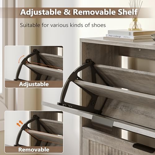 BORNOON Shoe Cabinet for Entryway with 2 Flip Drawers, Slim Wooden Shoe Storage Organizer with Modern Fluted Pannel,Freestanding Narrow Hidden Shoe Rack for Hallway, Foyer, Living Room
