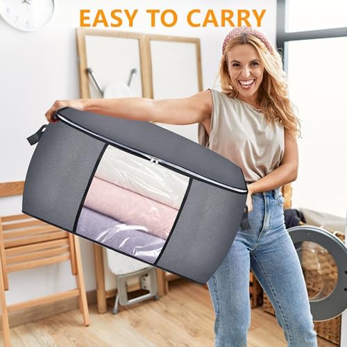 3 Pack Clothes Storage Bags, 90L Large Blanket Storage Bag Comforter Storage Bin with Reinforced Handle and Lid Foldable Closet Organizer and Storage Containers for Bedding Pillows Sheets and Duvet