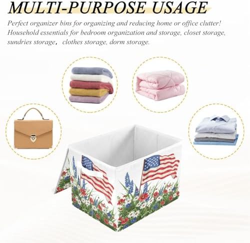 senya July Fourth Baskets Collapsible Storage Bins with Lids, Wildflowers American Flag Storage Boxes Clothes Baskets for Organizing