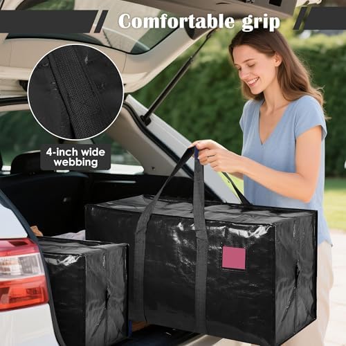 6 Pack Moving Bags with Full-Open Side Zipper, Extra Large 93L Heavy Duty Waterproof Foldable Storage Totes for College Dorm, Moving & Home Organization Black