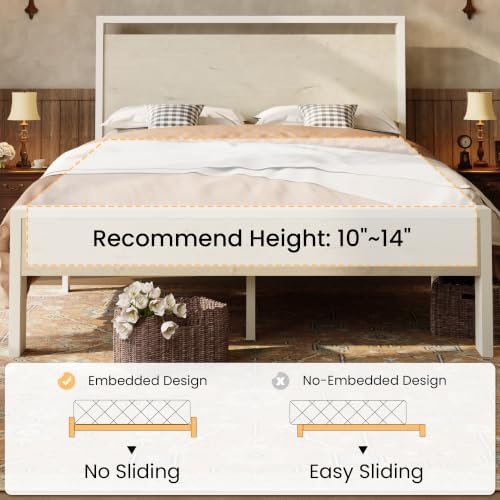 SHA CERLIN 14 Inch Queen Metal Platform Bed Frame with Wooden Headboard and Footboard, No Box Spring Needed, Large Under Bed Storage, Heavy Duty Slats Support, White Washed Oak