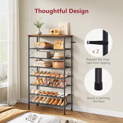 Tajsoon 8 Tier Shoe Rack for 28-32 Pairs of Shoes, Rustic Brown & Black