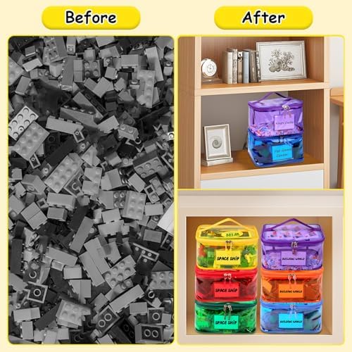 Tesuko 6 Pack Clear Toy Storage Bag with Name Tag& Manual Pocket, Waterproof Transparent PVC Toy Organizer Case for Lego Bricks, Board Games, Building Blocks, Puzzles (Large Capacity, Full Colourful)