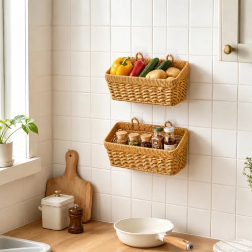 ZEAYEA 2 Pack Cute Small Wall Hanging Basket for Kitchen Bathroom | Hand-Woven Organizer Basket for Onion Garlic, Boho Plastic Storage Baskets with Hanger for Laundry Living Room Home Decor