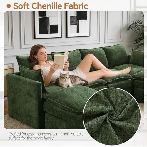 80" Modular L Shaped Storage Sofa with Ottoman, Cloud Sectional Sofa with Hidden Storage, Modern Chenille Couch with Ottoman for Living Room,Green