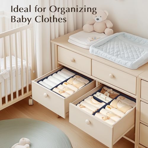 DIMJ Drawer Organizers Clothes, Set of 4 Dresser Organizer Bins, Fabric Closet Organizers and Storage, Shallow Drawer Dividers for Nursery, Clothing, Baby Clothes, Socks, Underwears, Tie (Navy Blue)