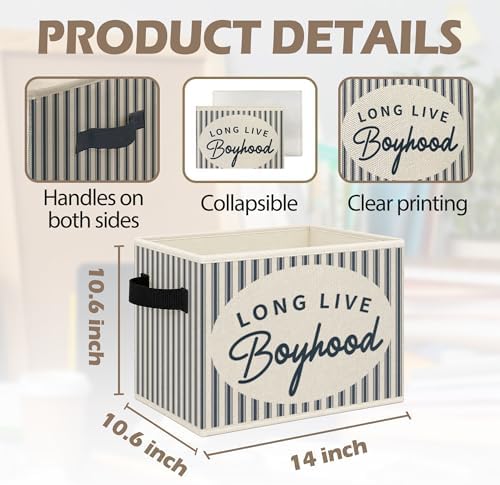 Boys Room Foldable Storage Bins Box with Handles, Long Live Boyhood Retro Blue Striped Collapsible Toys Books Clothes Organizer Basket for Kids Boys Nursery Room Playroom Bedroom Bathroom
