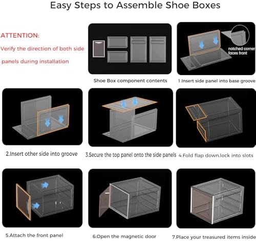 6 Pack Shoe Storage Box Organizer, Clear Thicken Stackable Plastic Shoe Boxes with Magnetic Door, Sturdy Shoe Containers for Sneakers Boots, Easy to Assemble, Fit up to US Size 12(13.2"×10.6"×7.5")