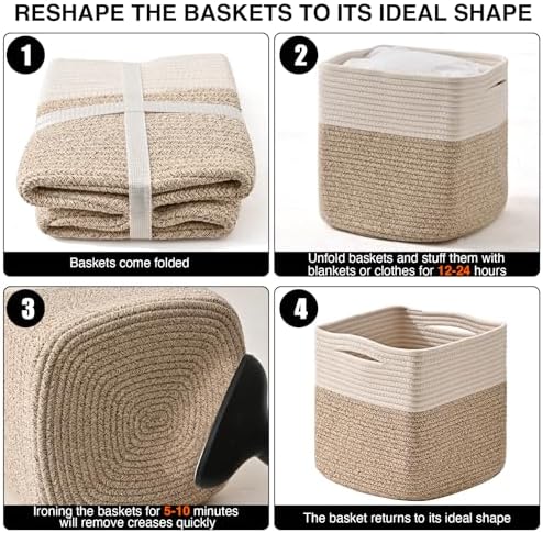 ICERZCZ 13 Inch Cube Closet Storage Bins, Woven Cotton Rope Organizer Baskets for Organizing & Shelves, Books, Towels, Clothes, Toys, 13x13x13 in, Off White & Brown (Pack of 3)