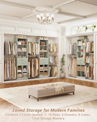 Small Closet System, 3.2-6.8FT Small Closet Organizer with 2 Wooden Drawers & 5 Hanging Rods, Can Fit 37.5 to 81.9 inch Walk-in Closet System, Built-in, Crab Green, Enclosed Storage Volume 2.32 ft³