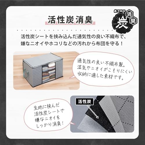 Astro Large Capacity Clothes Storage Bags, 2 Pack Foldable Closet Organizers with Handles, Activated Carbon, Breathable Material, Zipper, Clear Window for Blanket Comforter Clothing Bedding, Grey, 90L